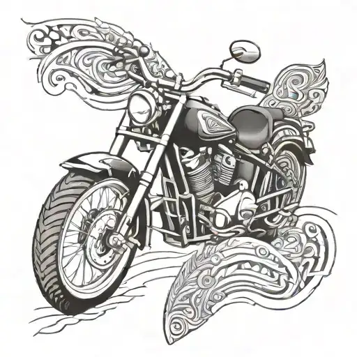 Combine a Harley Davidson motorcycle with a traditional Maori canoe in a tattoo design tattoo design idea