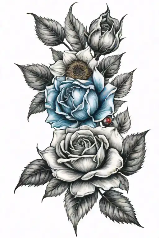 blue rose, cherry blossom and sunflowers wrapped tattoo design idea