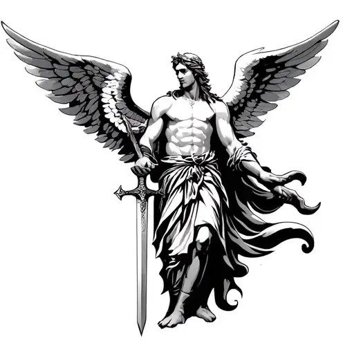 plain archangel michael tattoo holding a sword; make the wings have more lines in them and make the sword a little short tattoo design idea