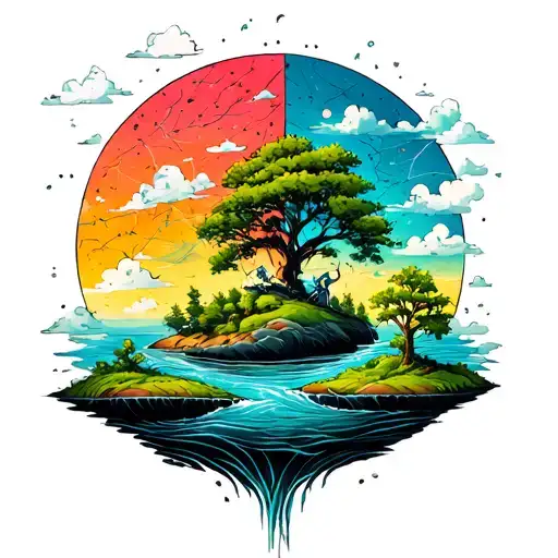 Your tattoo shows a wired character floating between two diffuse worlds: peaceful nature (island, tree, river) and the tattoo design idea