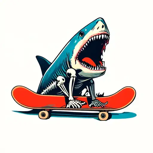 skeleton riding a skateboard inside a shark mouth open tattoo design idea