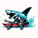 skeleton riding a skateboard inside a shark mouth open tattoo design idea