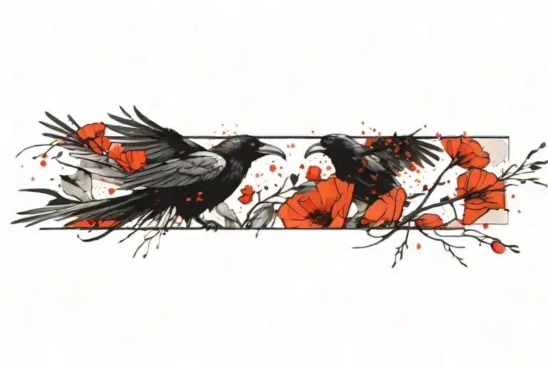 Raven Flying With Poppies tattoo design idea