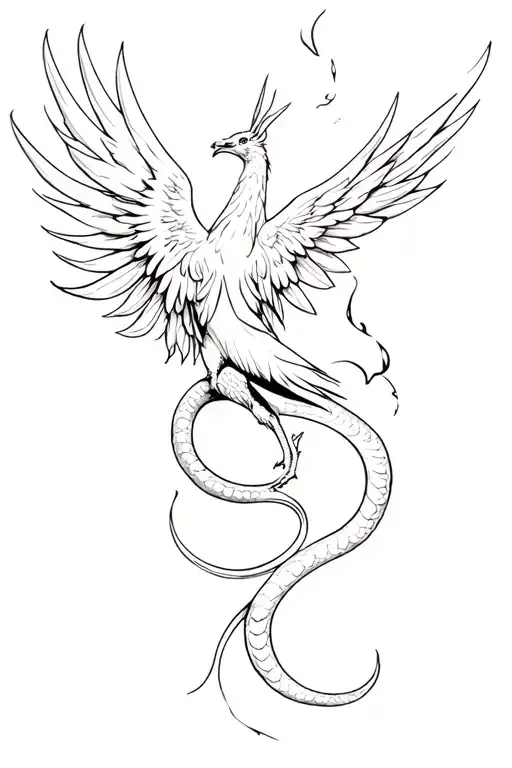 Phoenix  smoking and snaking acorss upper thigh tattoo with a longer firey tail in black and white tattoo design idea