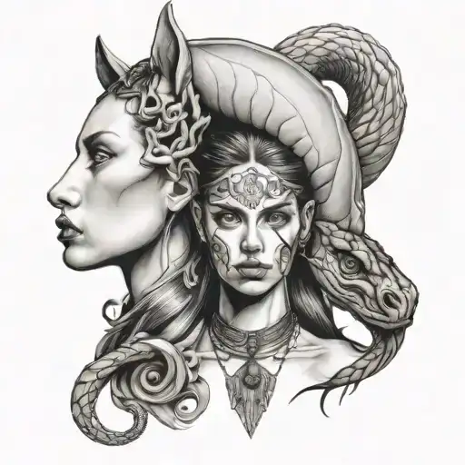 Front view of a woman's face carrying a snake and a horse tattoo design idea