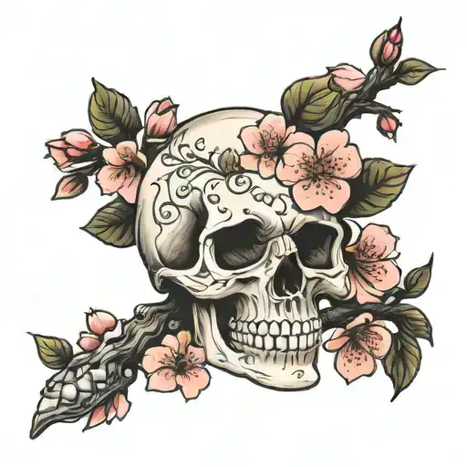 skull cherry blossom branch tattoo design idea