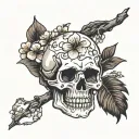 skull cherry blossom branch tattoo design idea