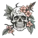 skull cherry blossom branch tattoo design idea