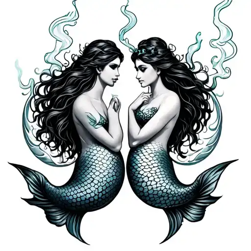 2 mermaids smoking blunts in Pisces symbol tattoo design idea