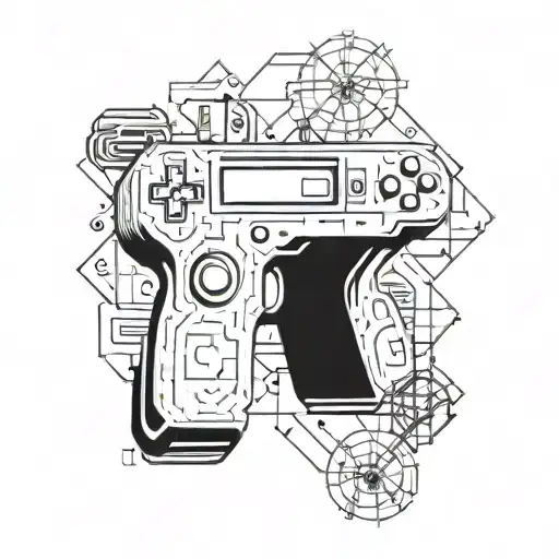 A geometric design combining elements of video game controllers, basketball hoops, and HVAC engineering tools tattoo design idea