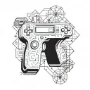 A geometric design combining elements of video game controllers, basketball hoops, and HVAC engineering tools tattoo design idea