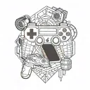A geometric design combining elements of video game controllers, basketball hoops, and HVAC engineering tools tattoo design idea