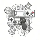 A geometric design combining elements of video game controllers, basketball hoops, and HVAC engineering tools tattoo design idea