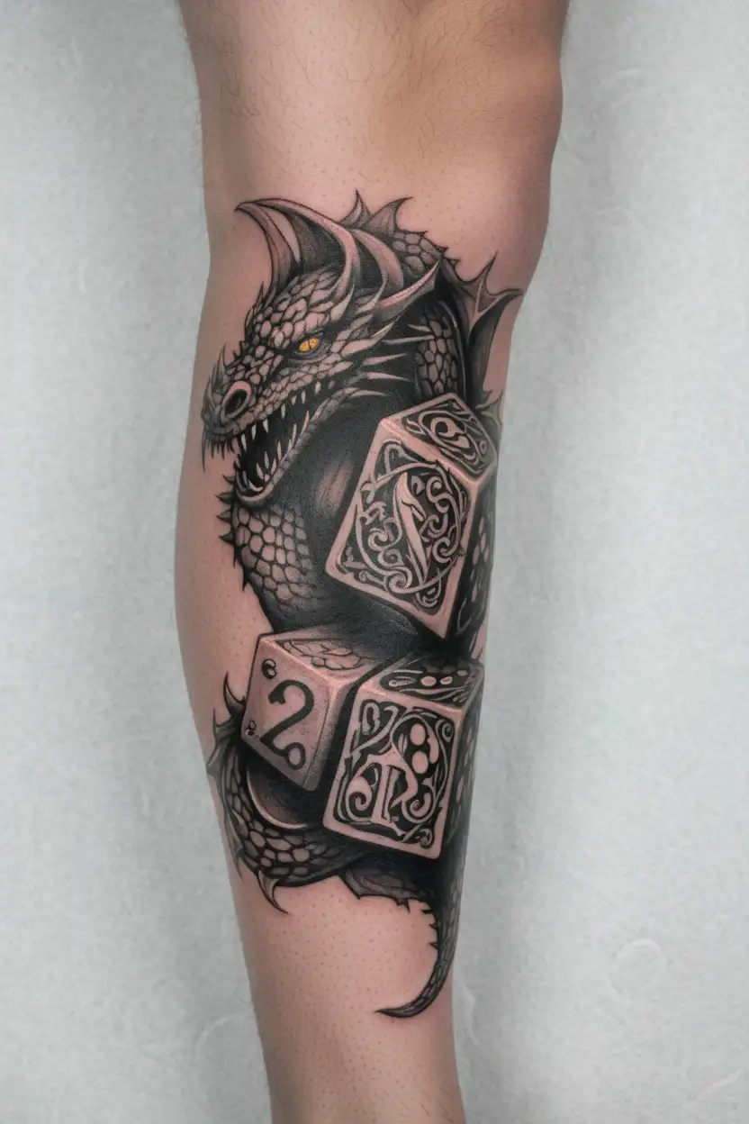 dnd inspired dice and dragon tattoo design idea
