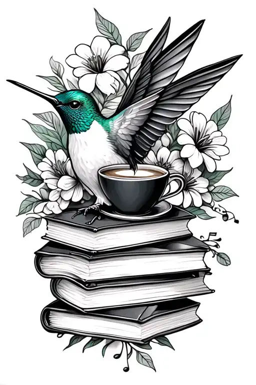 hummingbird, flowers, books, coffee, music note intertwined tattoo design idea