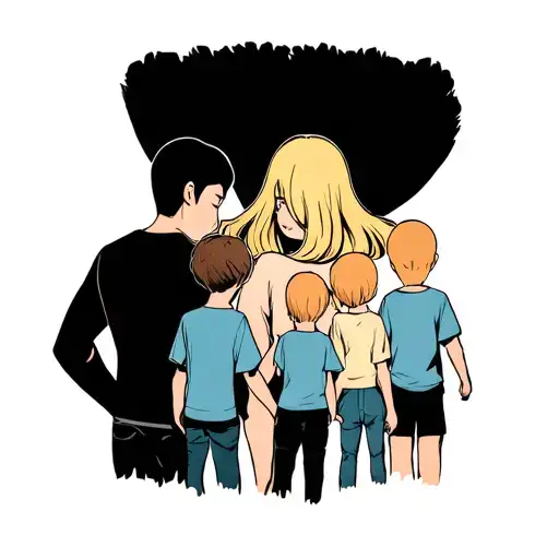 Design a forearm tattoo featuring a family of five: mom with blonde hair, dad, 3 sons  tattoo design idea