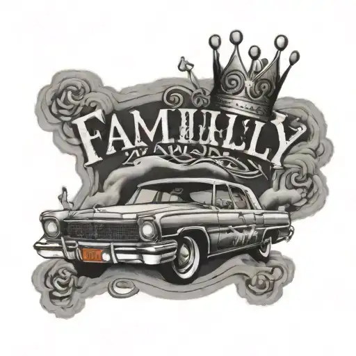 Familly written With Clouds and a Crown Victoria P71 destroyed tattoo design idea