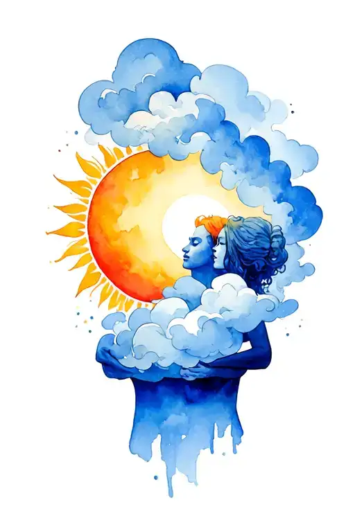 person has a cloud instead of a head no faces and person with a sun as head hug each orher tattoo design idea