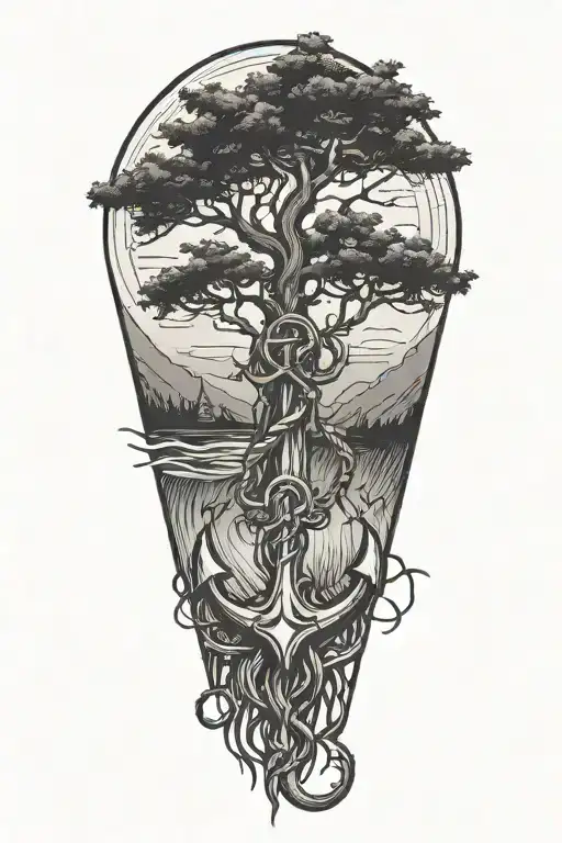 Cypress tree with roots shaped like an anchor tattoo design idea