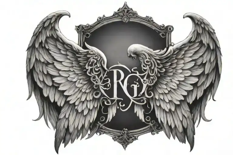 angel wings with 1 name in the middle and 2 on the side tattoo design idea