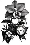 Grandma's death date 01/20/2011, with a Venezuelan national orchid and an old clock with its birth date tattoo design idea