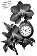Grandma's death date 01/20/2011, with a Venezuelan national orchid and an old clock with its birth date tattoo design idea