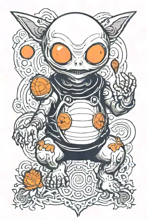 small white alien with NO HANDS, CHUBBY, limbs, a big FOOTBALL SHAPED head, aN antenna, TWO ROUND orange eyes tattoo design idea