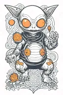 small white alien with NO HANDS, CHUBBY, limbs, a big FOOTBALL SHAPED head, aN antenna, TWO ROUND orange eyes tattoo design idea