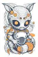 small white alien with NO HANDS, CHUBBY, limbs, a big FOOTBALL SHAPED head, aN antenna, TWO ROUND orange eyes tattoo design idea