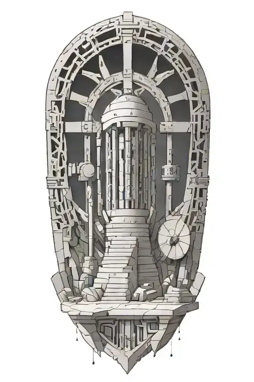 A sketch of Göbekli Tepe with a modern twist, incorporating elements of space and technology to symbolize the intersection of ancient history and the future tattoo design idea