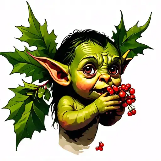 child goblin eating rowan berries tattoo design idea