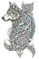 Wolf With Blue Eyes On Armor Featuring Celtic Trinity Knot  tattoo design idea