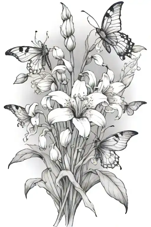 lily of the valley gladiolus lotus flowers bloominwith bee flying towards living tattoo design idea