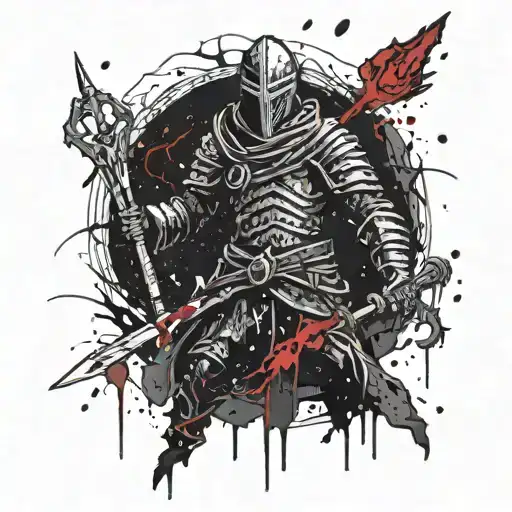 Abstract representation of the Dark Souls video game featuring a mysterious masked figure surrounded by blood splatter tattoo design idea