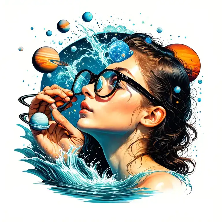 girl in profile looking up in glasses with her hands on the glasses a pourig out of the glases with planets in a stream tattoo design idea