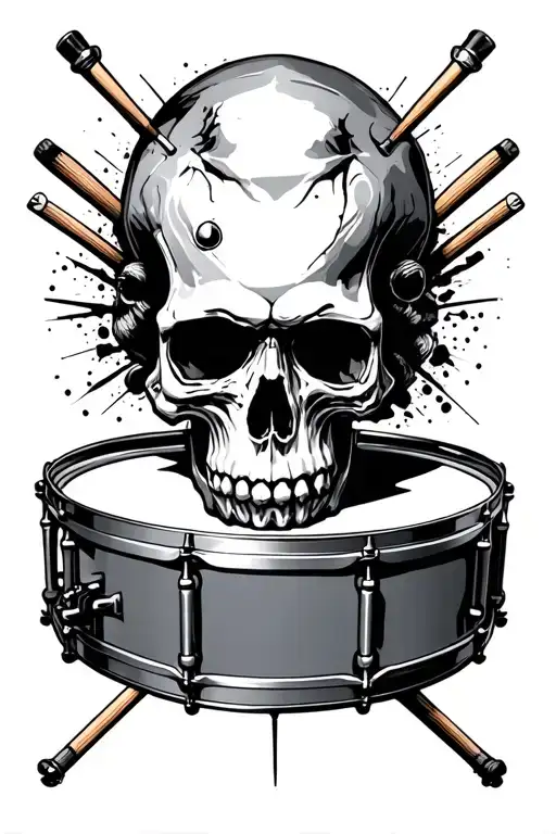 Skull morphing into snare drum head and cross sticks underneath tattoo design idea