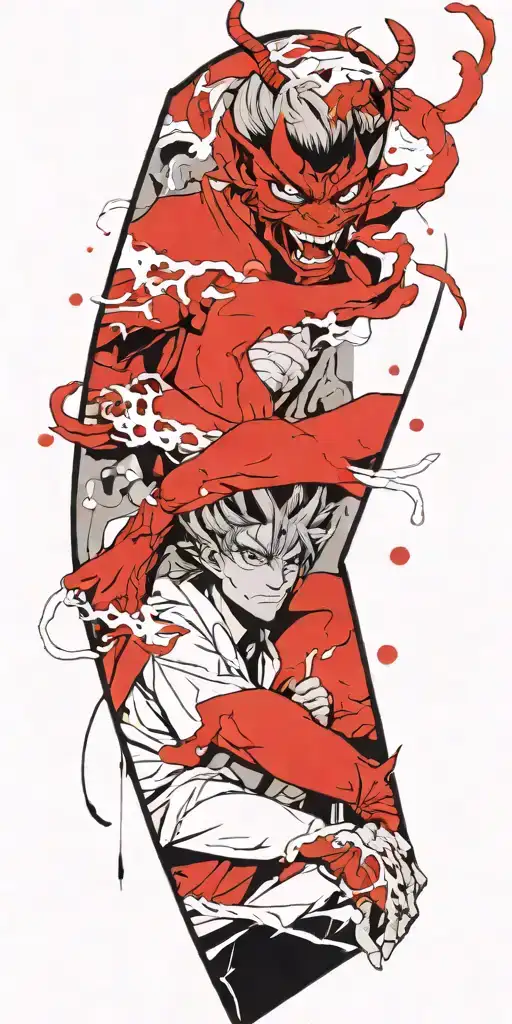 anime character wearing a oni mask fighting off inner demons tattoo design idea