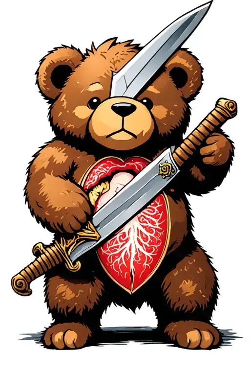 A plush bear cuts a lung using a huge sword tattoo design idea