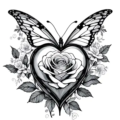 single line rose heart and butterfly  tattoo design idea