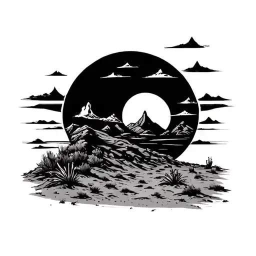 Tattoo Design, detailed realistic style in black and white. Arid and desolate desert landscape, with deep ground tattoo design idea