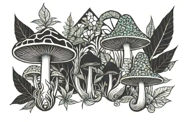 shrooms with bong style ang weed leaf intertwined tattoo design idea