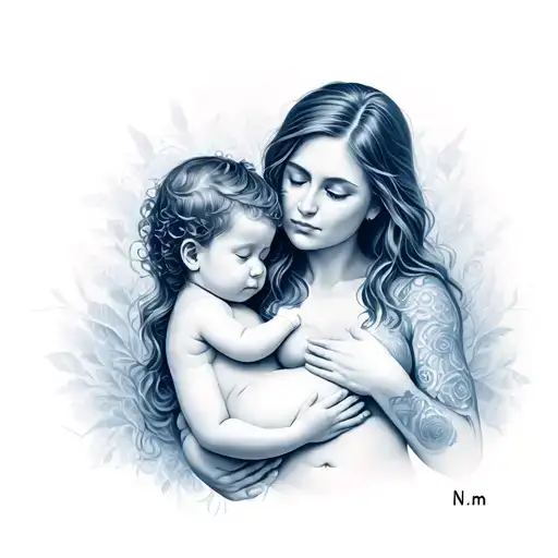 "N m" woman who breastfeed two children in the breast love love tattoo design idea