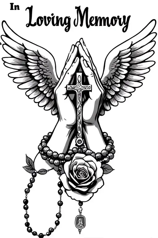"In Loving Memory" "In Loving Memory" "In Loving Memory" "In Loving Memory" "In Loving Memory" "In Loving Memory" Praying Hands, Rosary beads intertwined with cross, Wings, Realism, Rose tattoo design idea
