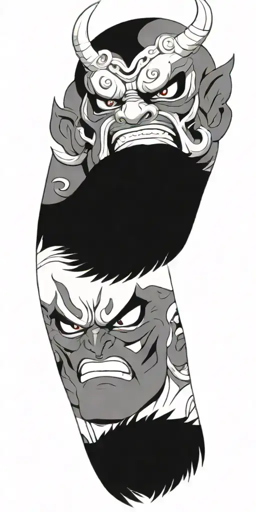 male anime character  oni mask fighting off inner demons  tattoo design idea