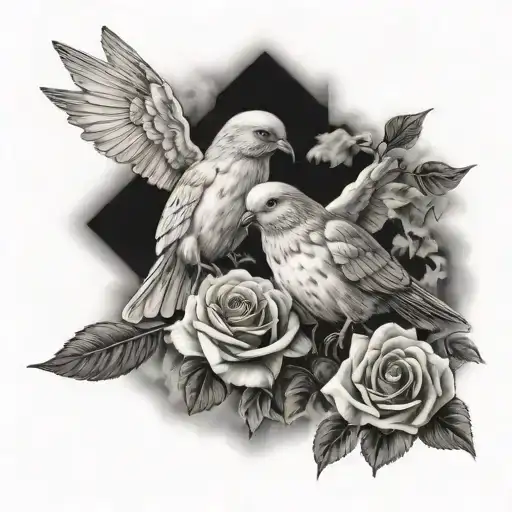 2 little doves face to face with a rose between them. A cross of Jesus crosses each of them. Clouds in the background tattoo design idea