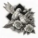 2 little doves face to face with a rose between them. A cross of Jesus crosses each of them. Clouds in the background tattoo design idea