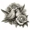 2 little doves face to face with a rose between them. A cross of Jesus crosses each of them. Clouds in the background tattoo design idea