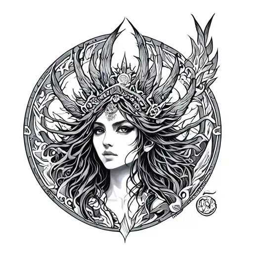 freya design in the form of a complete circle tattoo design idea
