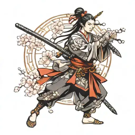 samurai, girl, sakura flower, japanese symbol merged tattoo design idea