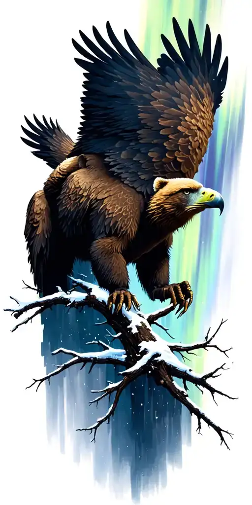eagle bear northern lights background with dead trees tattoo design idea